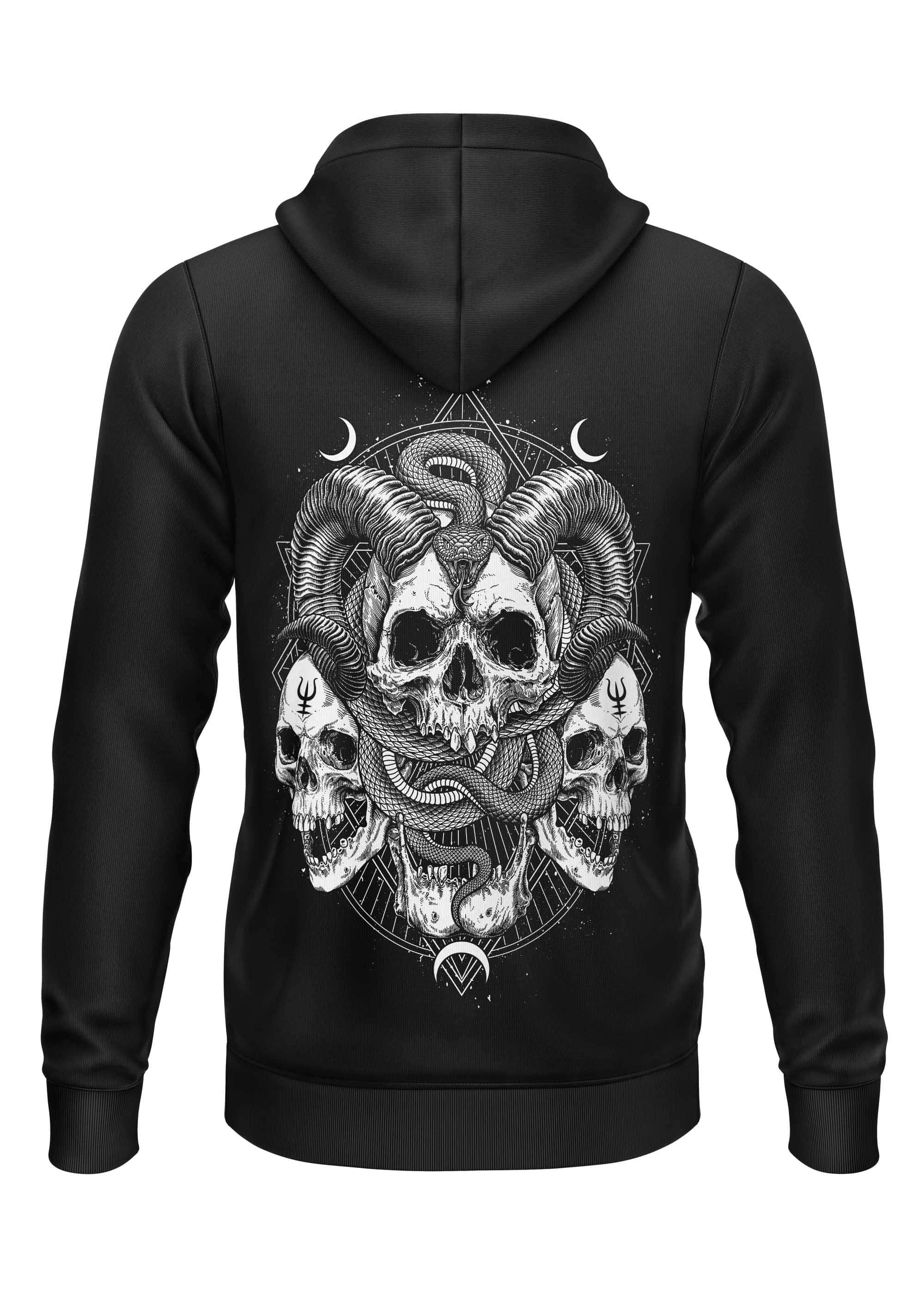 Schwarzer zip-up hoodie mit skull snake zipper motiv auf dem rücken mit schädeln, schlangen und monden in gaia licenced apparel style